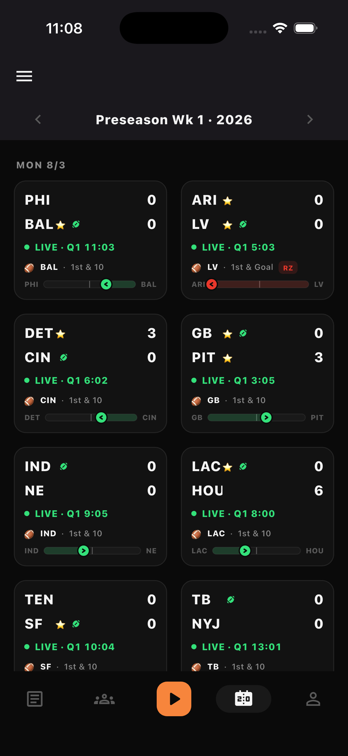 Sunday Sidekick box score with position-grouped stat tables