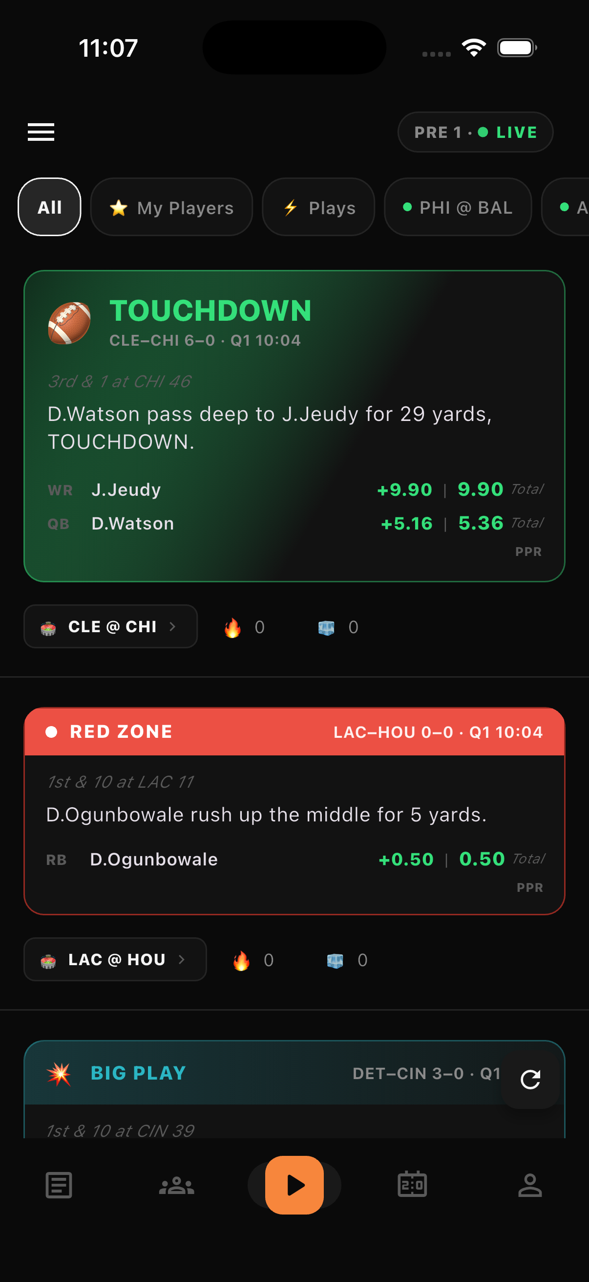 Sunday Sidekick live gameday feed showing touchdown and red-zone play cards