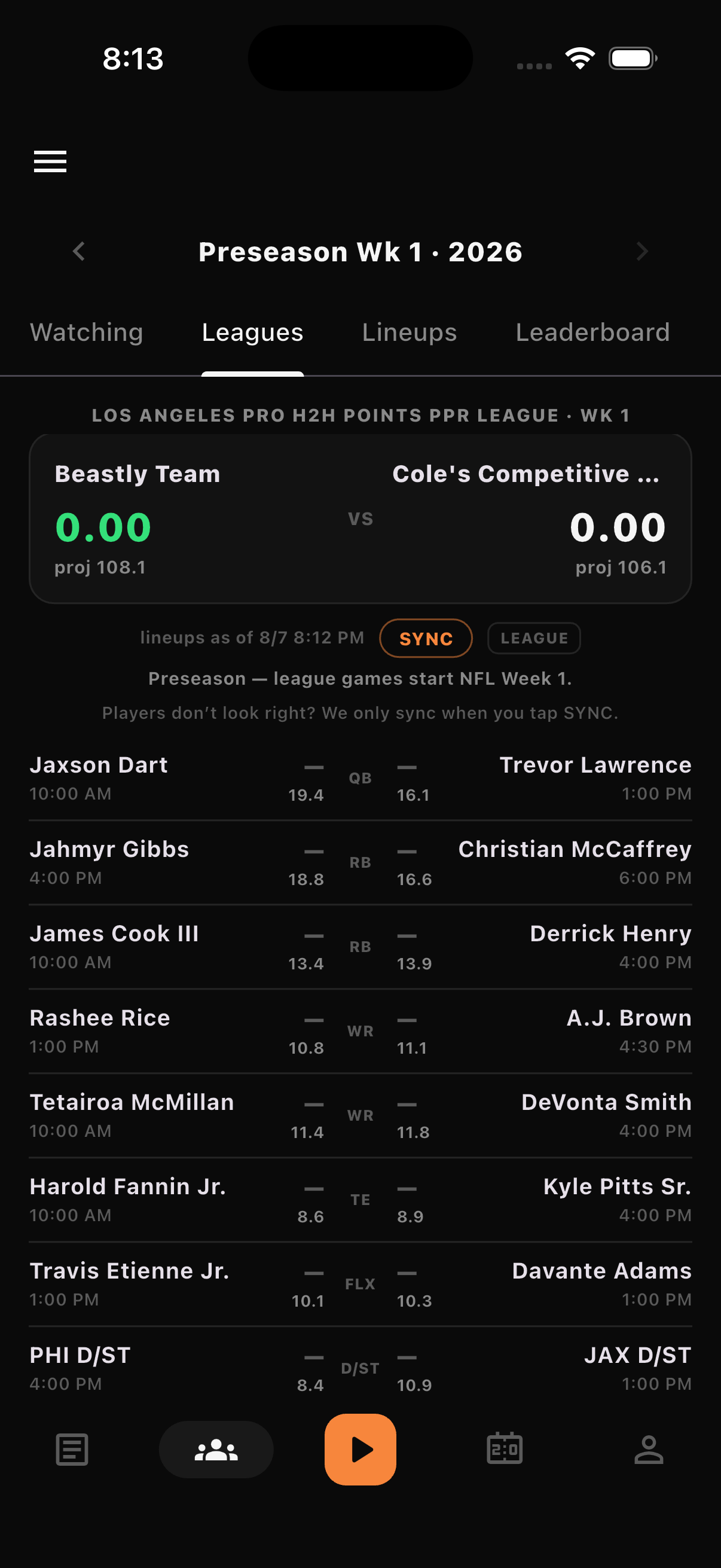 Sunday Sidekick league matchup with starters and projections for both teams