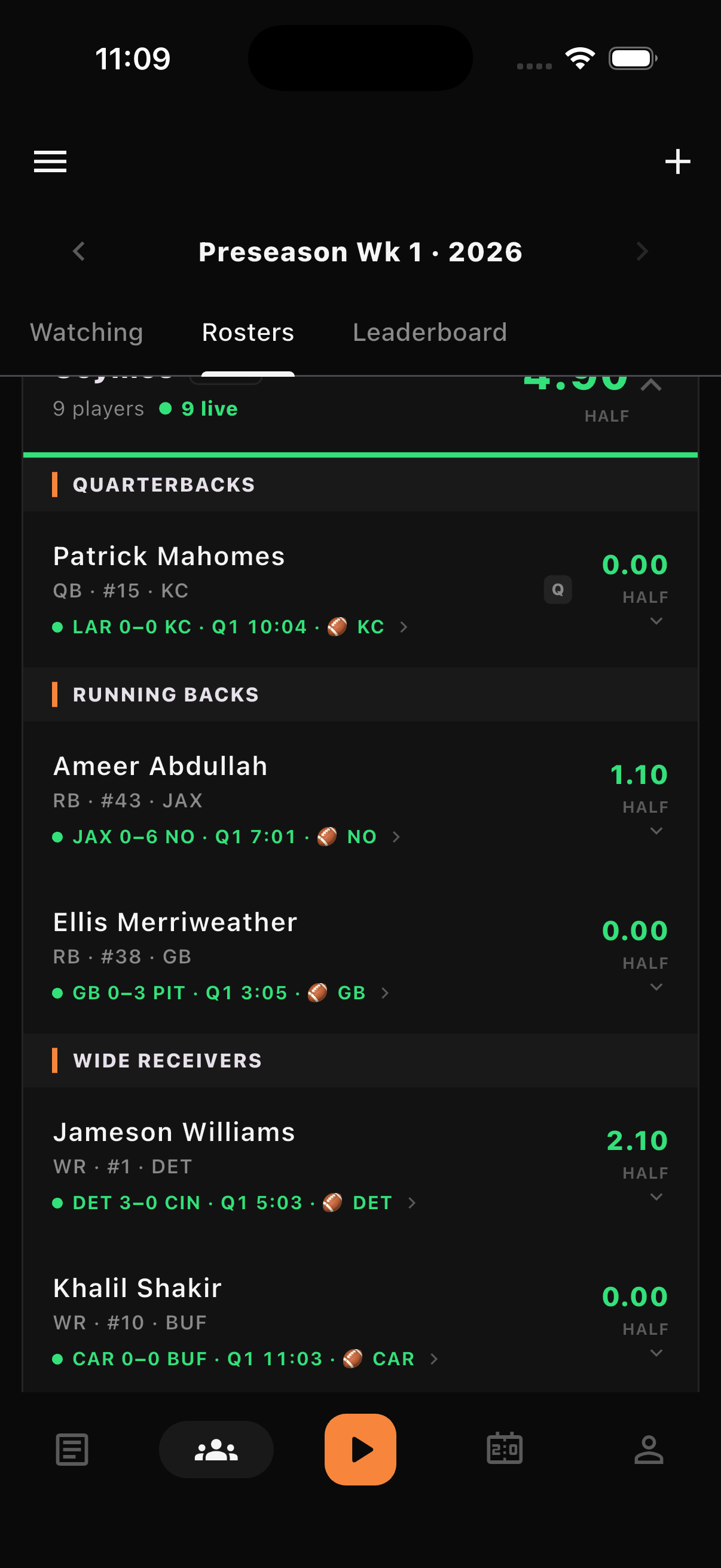 Sunday Sidekick My Players screen with rosters and live points